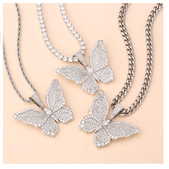 CZ Iced Butterfly Pendant w Gold Silver Iced Chain - Picture 6 of 10